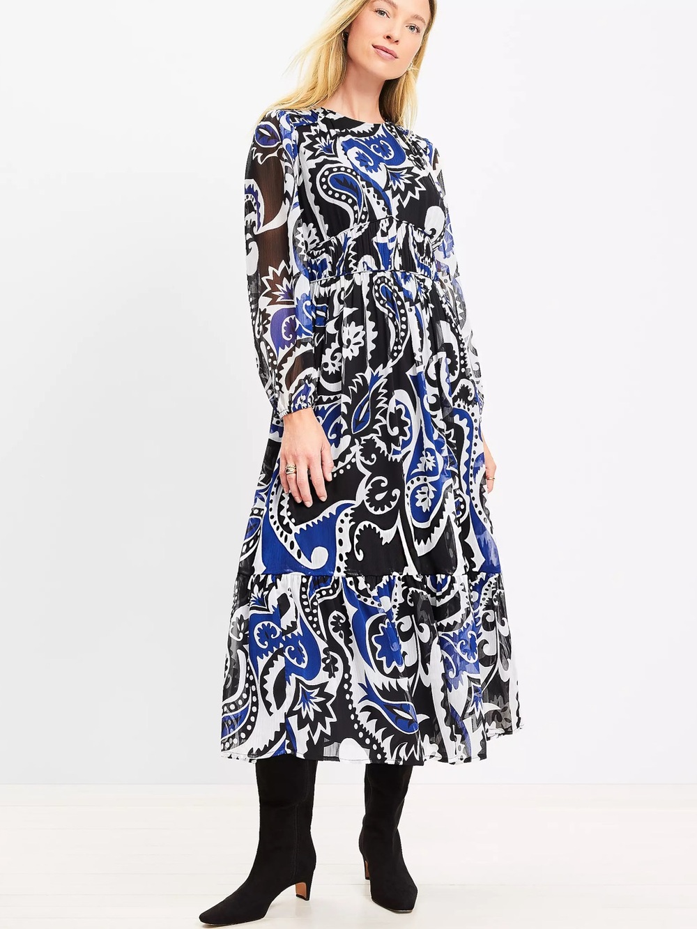 LOFT Paisley Flounce Midi Dress Blue Black Sheer Long Sleeve Boho Size 4 - Picture 1 of 8